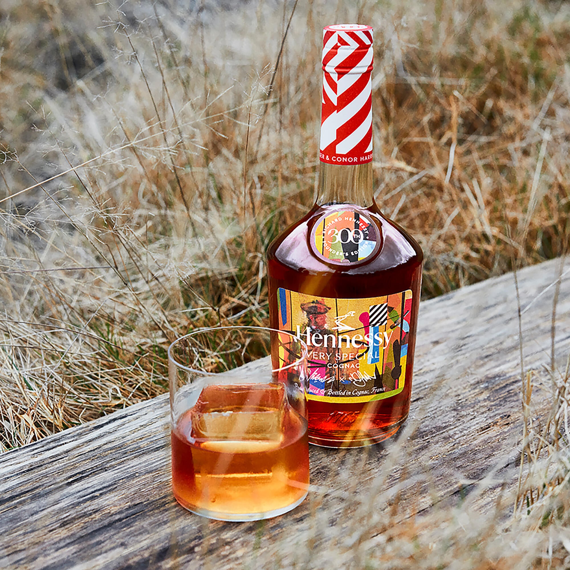 Bottle of Hennessy V.S cognac in a natural landscape. This is a limited edition created to celebrate the 300th anniversary of the birth of founder Richard Hennessy