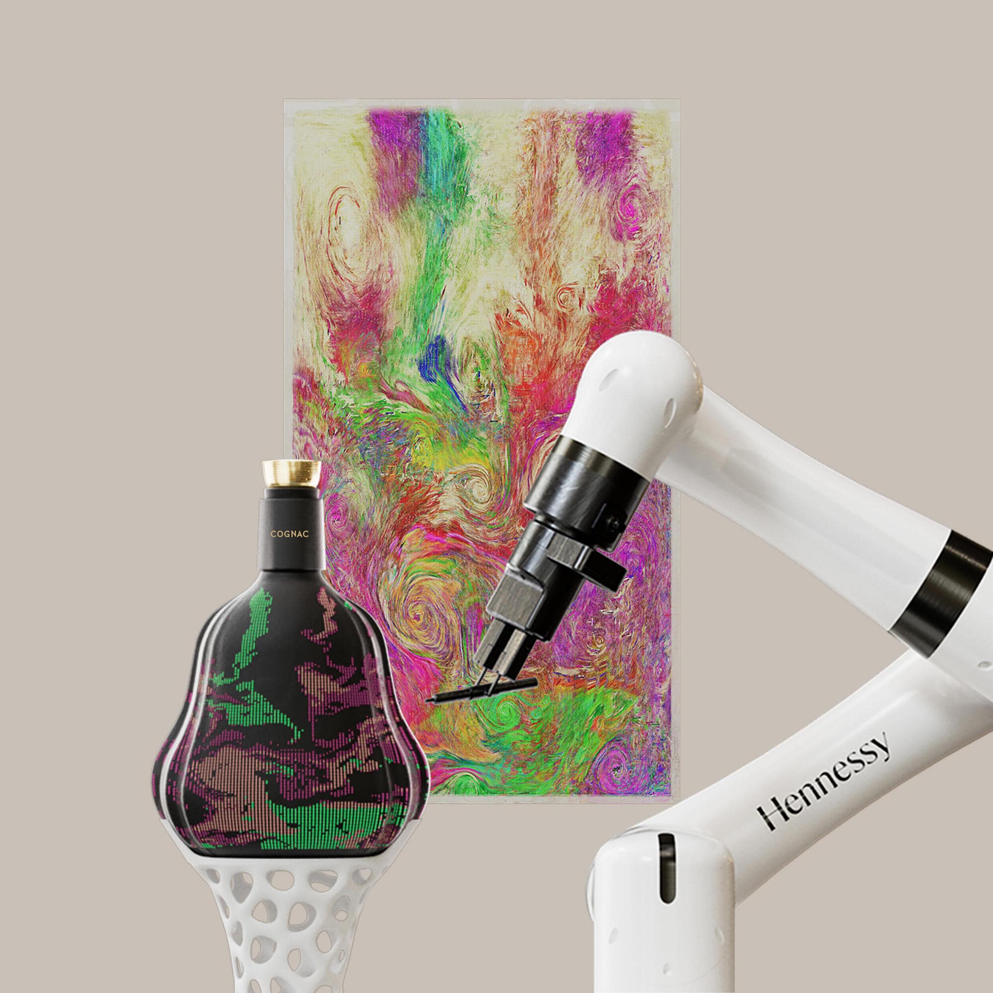 Colourful bottle of Hennessy X.O painted by a robotic arm. Limited-edition creation in collaboration with artist Florian Zumbrunn