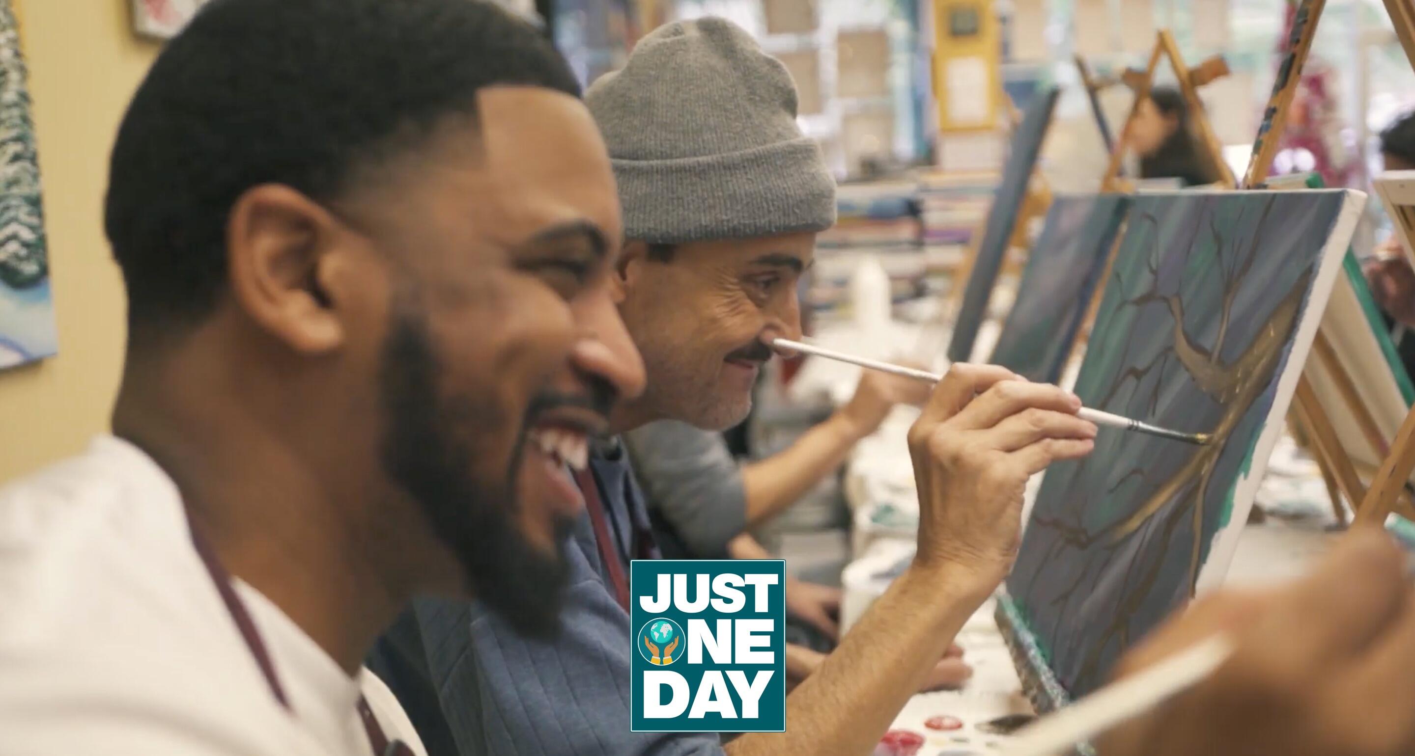 Image of participant in art class with Jonathan Jones, juxtaposed with Just One Day logo.