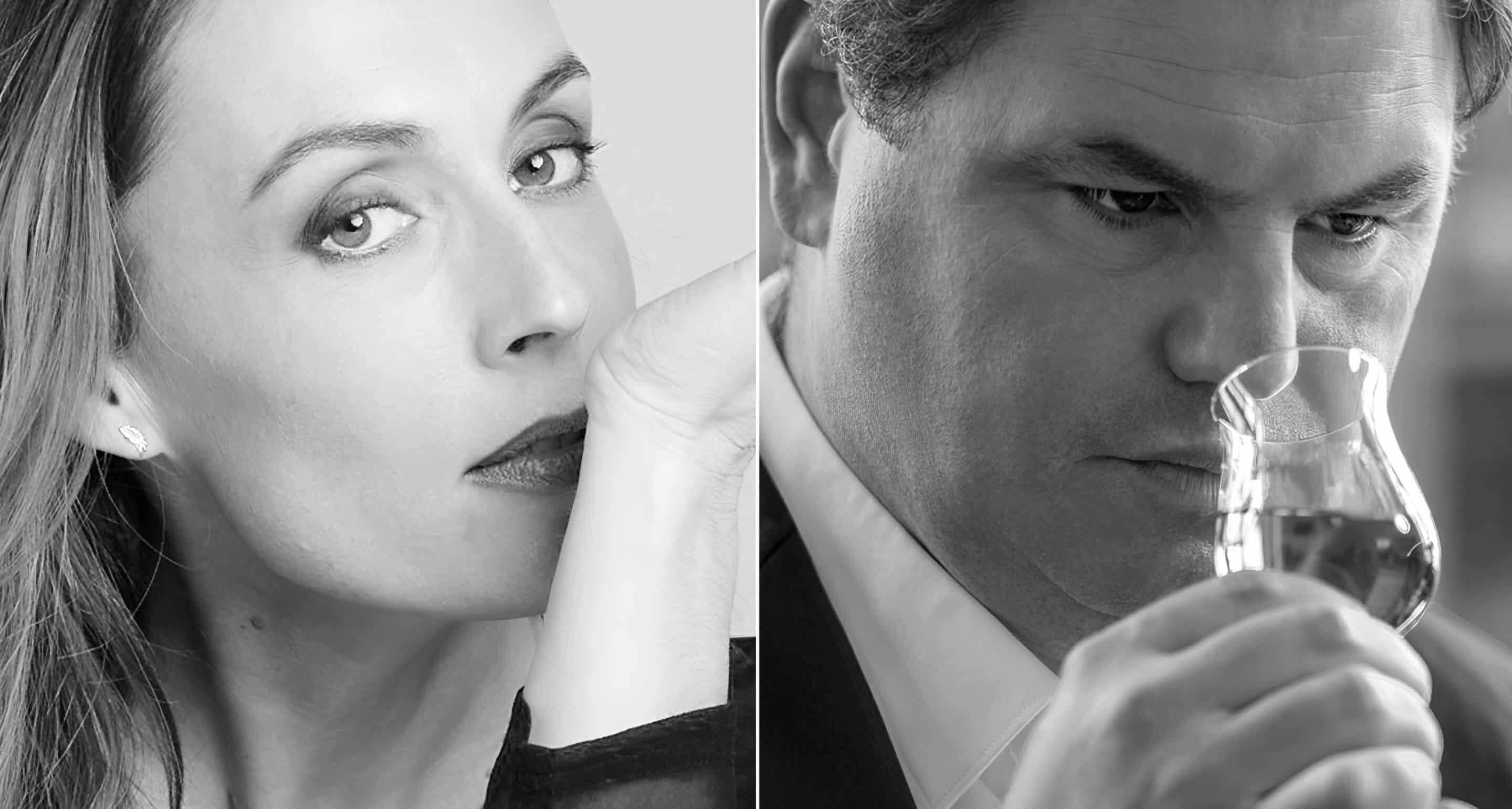 Side-by-side visuals of a master perfume blender evaluating a fragrance and a master cognac blender assessing a glass of cognac, as they collaborate to create the ultimate perfume.